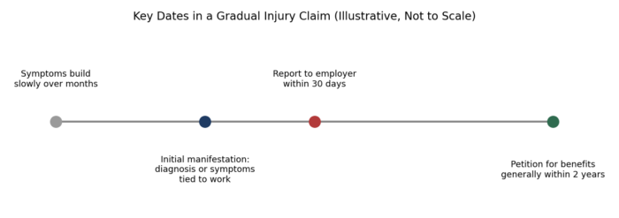 Illustrative timeline of key dates in a gradual injury workers' compensation claim Illustrative timeline of key dates in a gradual injury workers' compensation claim