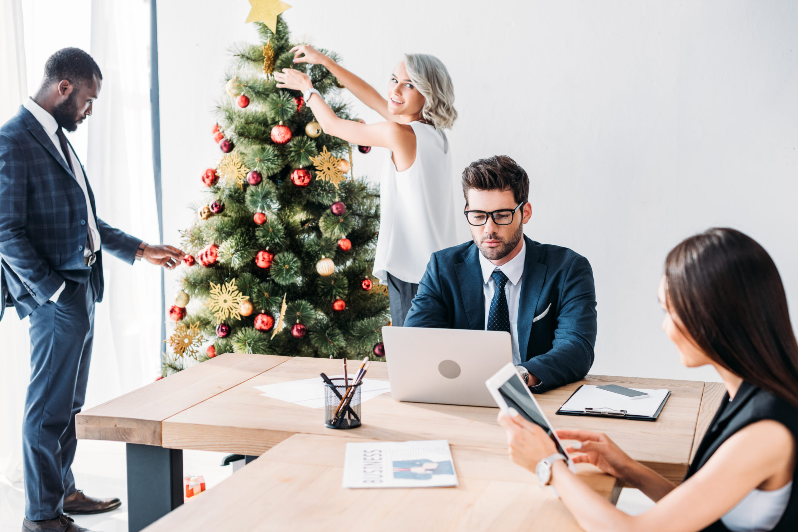Office decorations that can lead to work holiday party injuries.