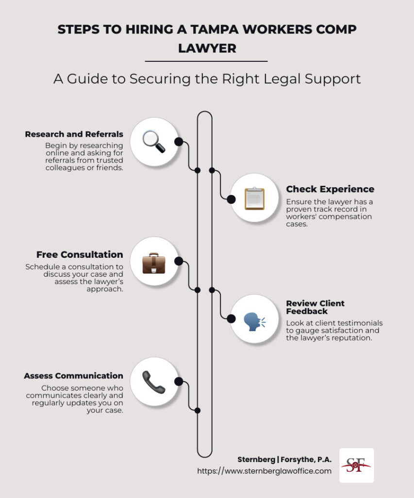 Infographic summarizing key steps a workers compensation lawyer Florida can assist with: navigating the claims process, securing medical documentation, appealing denied claims, negotiating fair settlements. - workers compensation lawyer Florida infographic infographic-line-5-steps-neat_beige