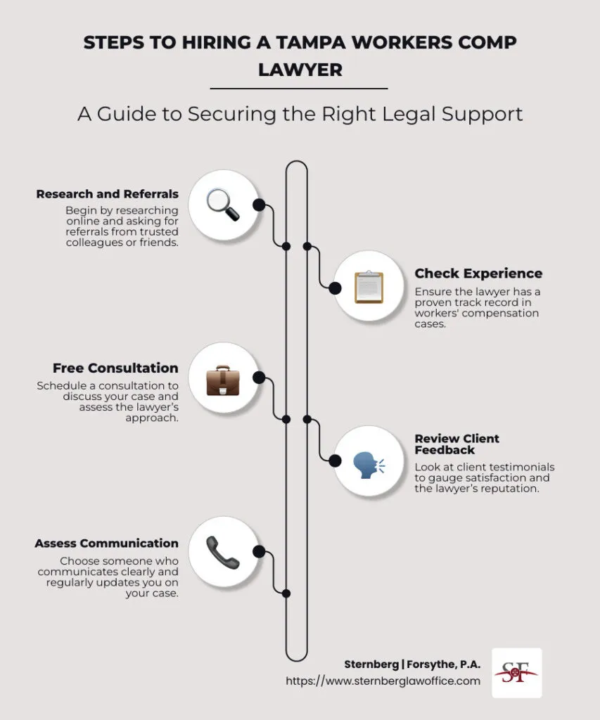 62aefceca00006307777de01f6791fe3d9a918de Infographic summarizing key steps a workers compensation lawyer Florida can assist with: navigating the claims process, securing medical documentation, appealing denied claims, negotiating fair settlements. - workers compensation lawyer Florida infographic infographic-line-5-steps-neat_beige
