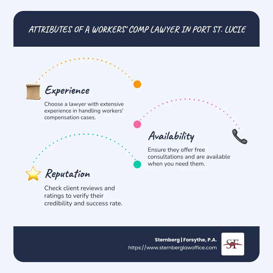 e9f53cd125250b46157fafdca91daff0dda93e3d (1) Infographic showing Port St. Lucie workers' comp lawyer attributes: experience, availability, reputation - workers comp lawyer port st lucie infographic infographic-line-3-steps-blues-accent_colors
